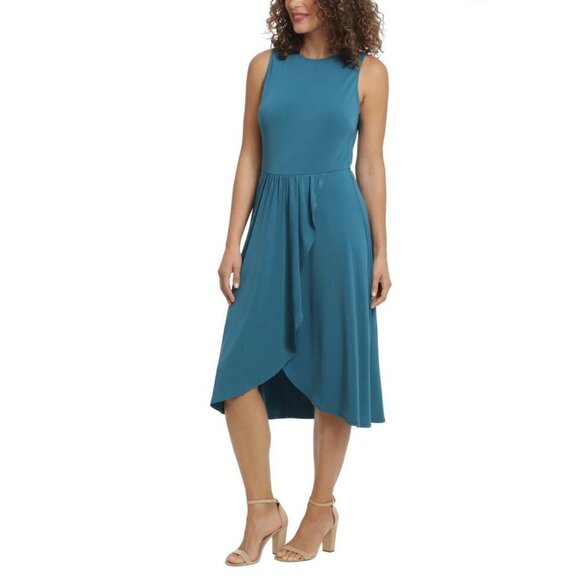 New LONDON TIMES Size S LANAYA sleeveless midi dress ruffle tulip skirt Teal - Picture 1 of 13
